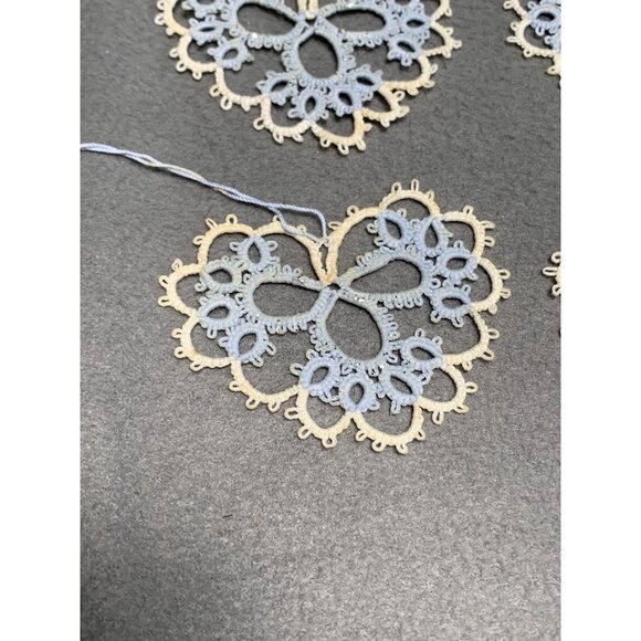 Handmade Tatting Lace Heart Ornaments Set of 6 Embroidered Cotton Decoration - Picture 2 of 7